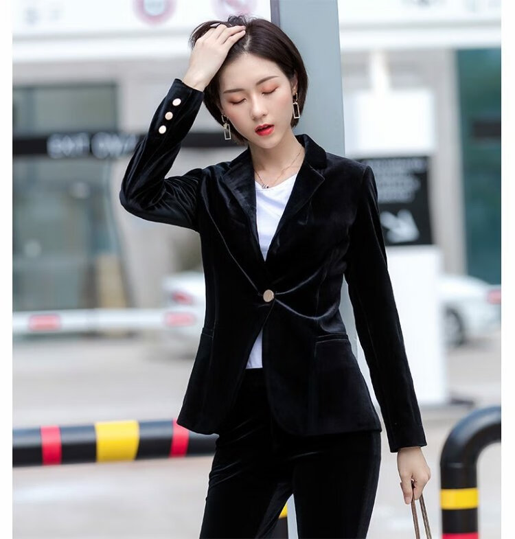 金丝绒套装女西装藏蓝色金丝绒西装外套女修身丝绒灯芯绒高端黑色小