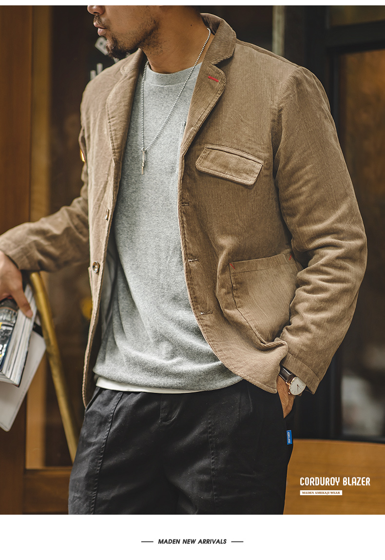 马登工装美式复古灯芯绒平驳翻领单排扣条绒夹克口袋外套男秋深黑色l