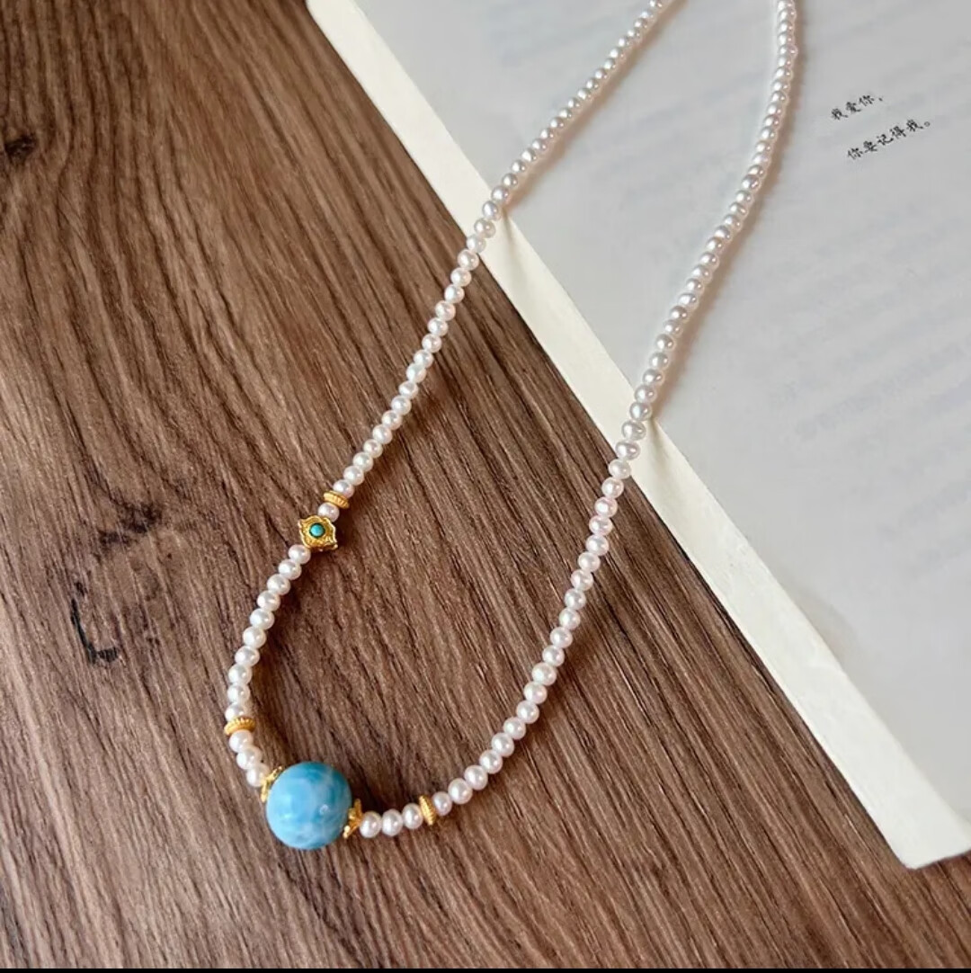 淡水珍珠绿松项链 女高级百搭 天然海纹石淡水珍珠项链【图片 价格