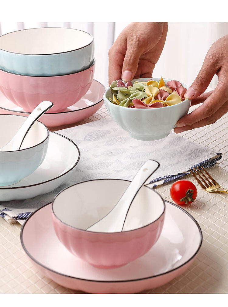 创意10人家用碗碟盘套装陶瓷碗盘组合日式网红餐具筷子勺子盘子青南瓜