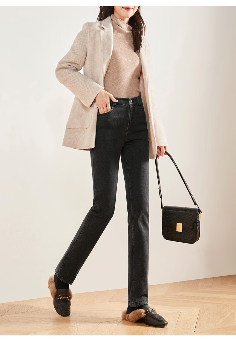 娅丽达加绒女裤深色牛仔裤女2021秋冬新款加厚直筒裤保暖黑色裤子 (a0