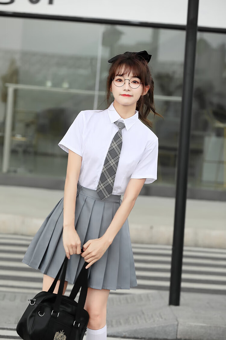 班服套装学院风校服中学生jk制服衬衫百褶裙运动会 女短袖 黑色中裙