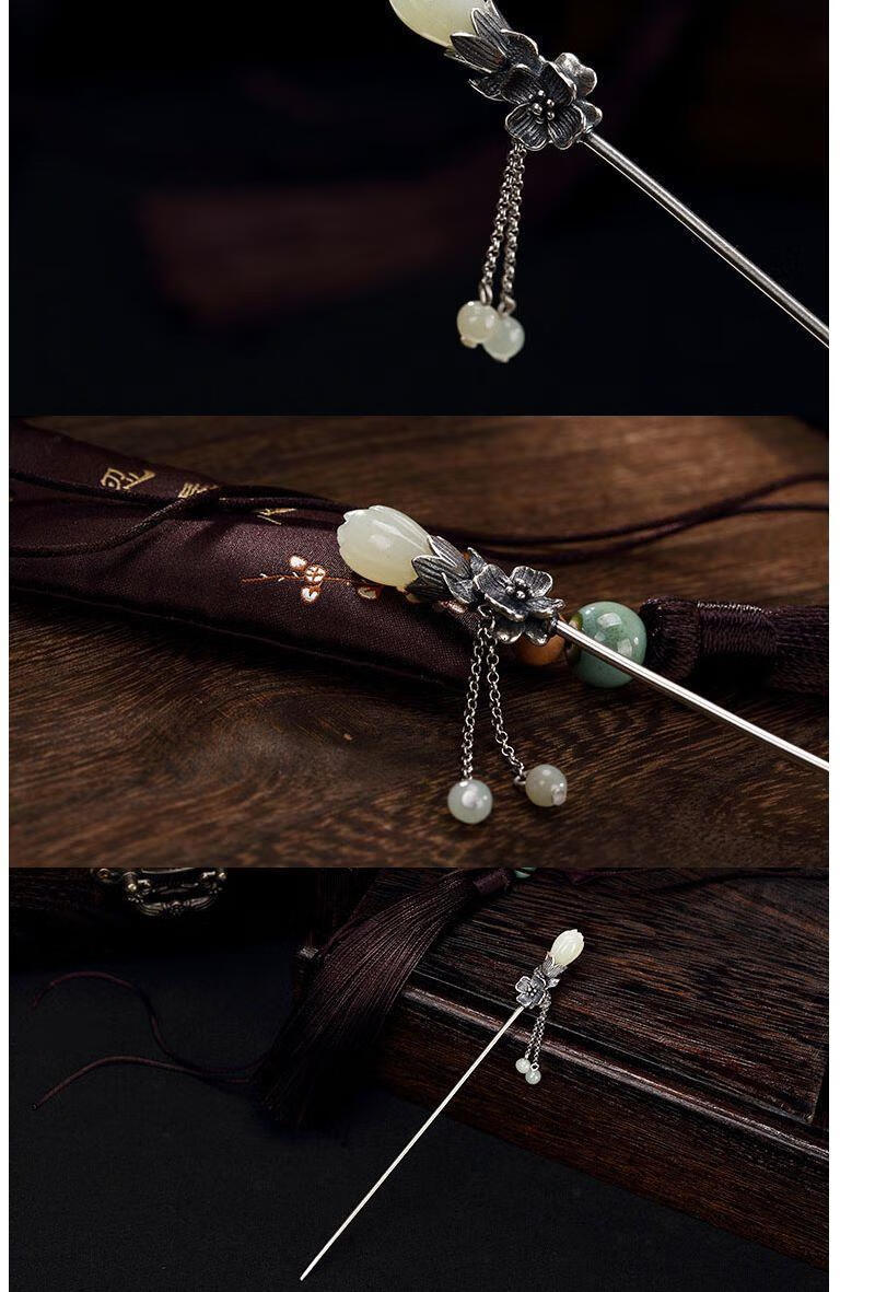 zhangu银簪和田玉簪子玉兰花古典詹步摇流苏双面钗子赞现代盘复古玉兰