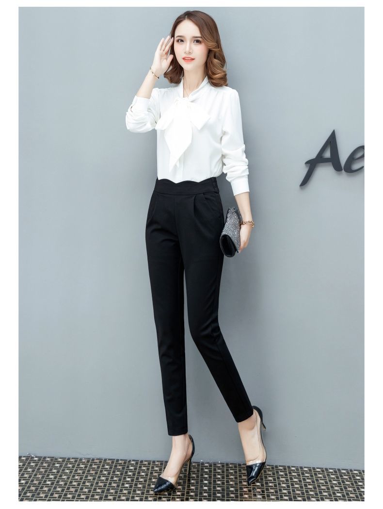 女装新款春秋黑色哈伦裤2021韩版花瓣松紧腰百搭小脚长裤九分裤职业