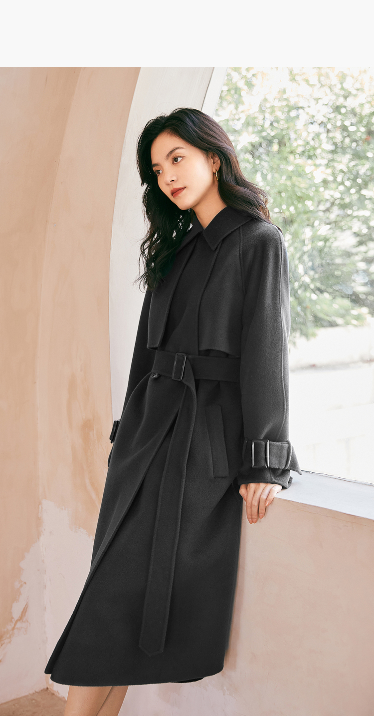 伊芙丽毛呢外套女2021年秋装新款长款收腰风衣式羊毛双面呢大衣暗灰