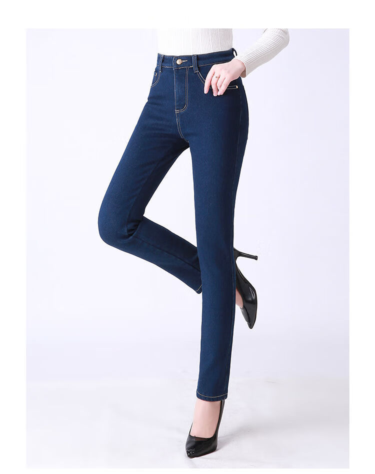 秋冬高腰加绒加厚牛仔裤女宽松大码弹力中年妈妈直筒带绒保暖长裤sn