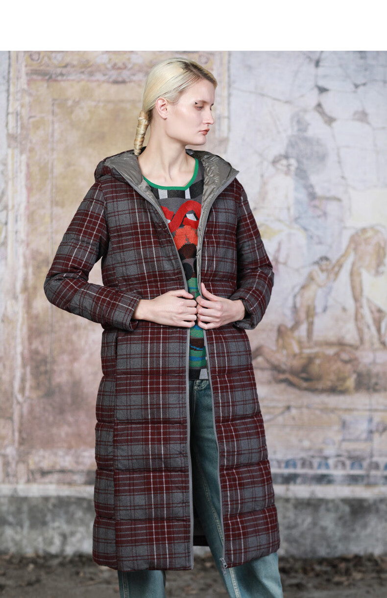 donoratico达衣岩女装冬季英伦格子羽绒外套长款c46米勒暗红s