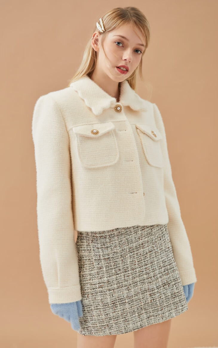 only2021冬季新款简约纯色小香风花边领短款风衣外套女121436004s12亮