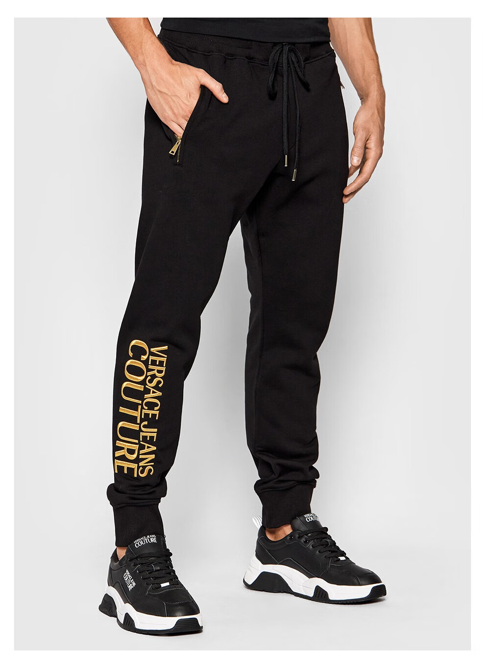versacejeanscouture范思哲男士棉质金色刺绣图案休闲运动裤卫裤黑色