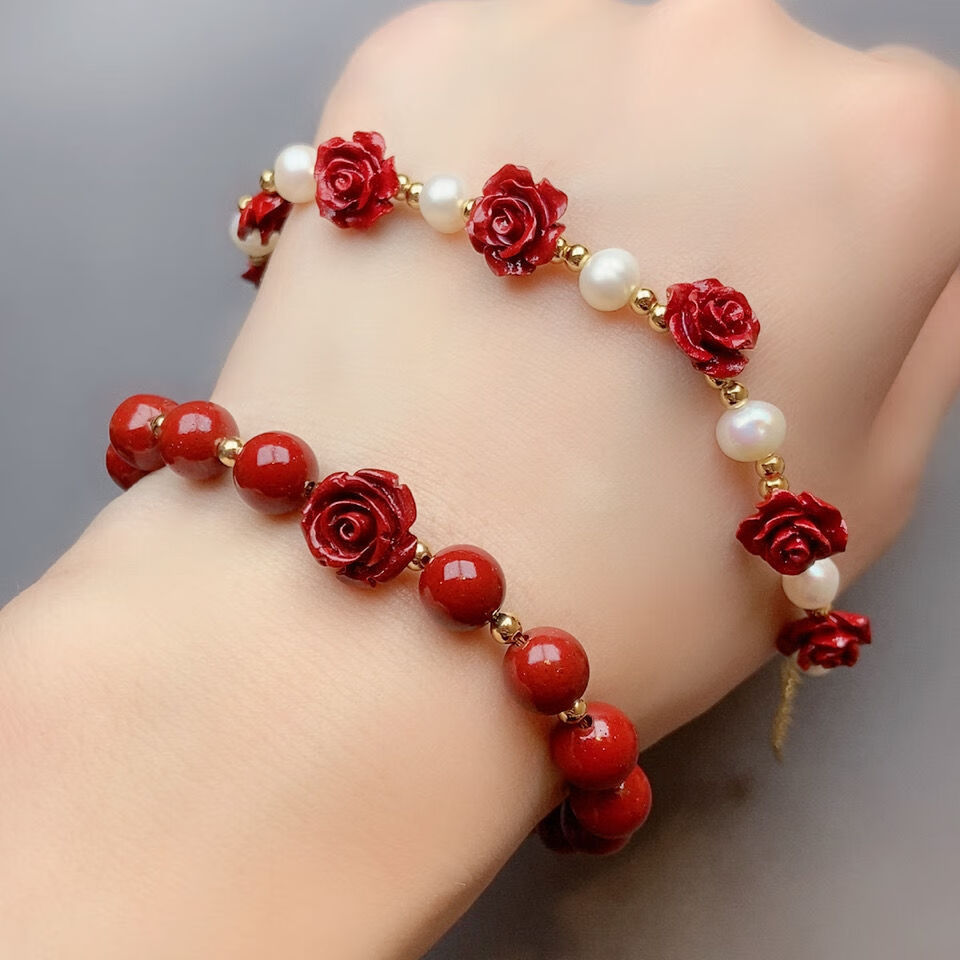 花真朱砂手链女圆珠运珠佛珠手串小众设计本命年饰品朱砂玫瑰花手链