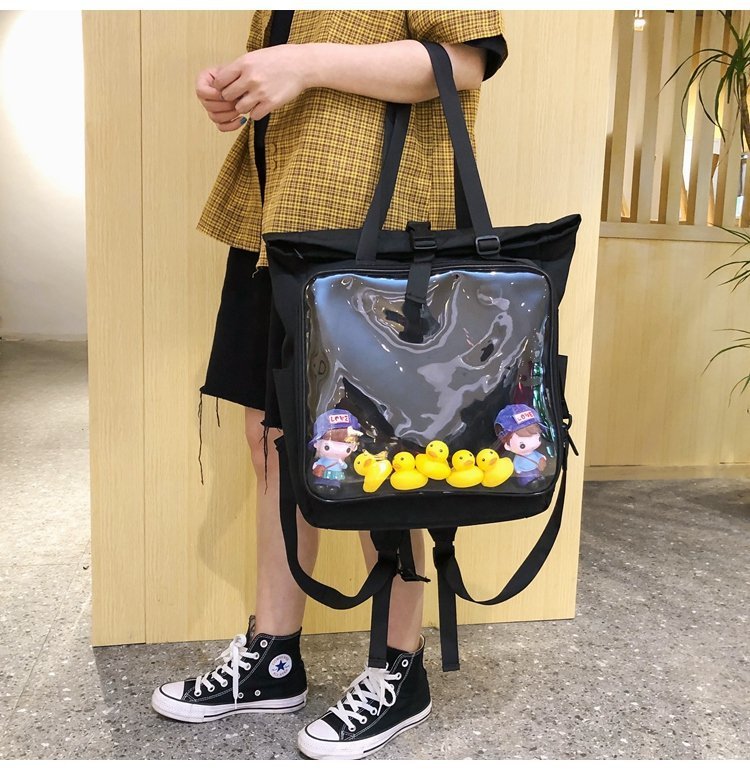 采宁 甜甜圈双肩包痛包大容量双肩包女日系ins网红小清新透明背包卷口