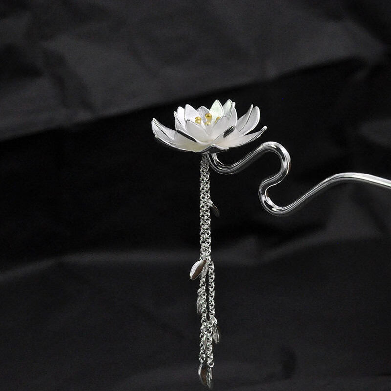 s925银发簪古朴民族风莲花流苏发钗步摇汉服配饰簪子无流苏款925银
