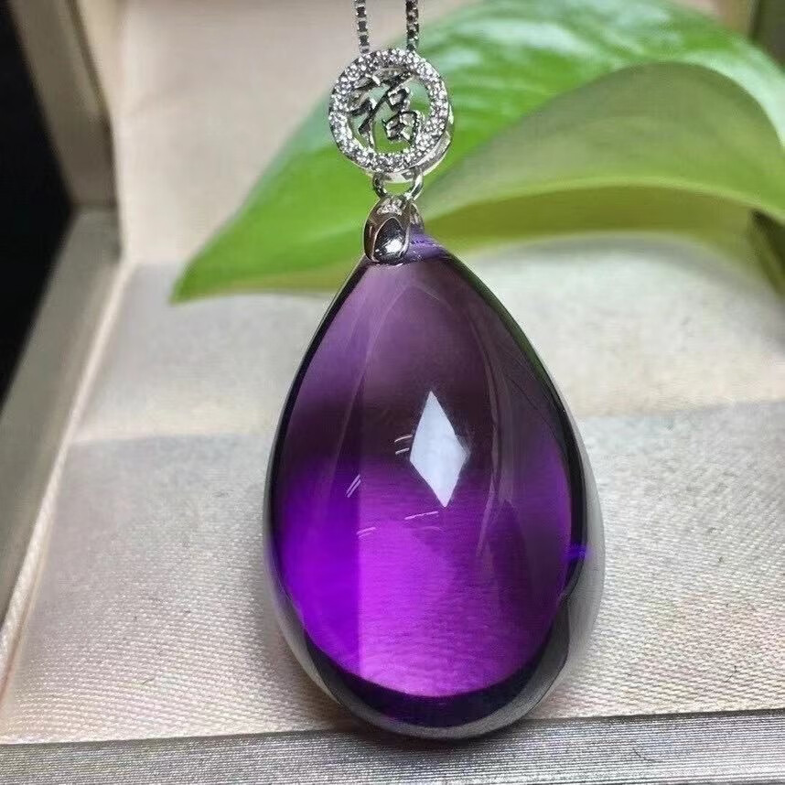 顶盈收藏级乌拉圭紫水晶水滴吊坠女士项链深紫色925银锁骨链261713mm