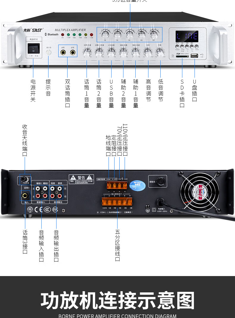 先科大功率蓝牙定压定阻功放机校园公共广播系统5分区功率放大器紧急