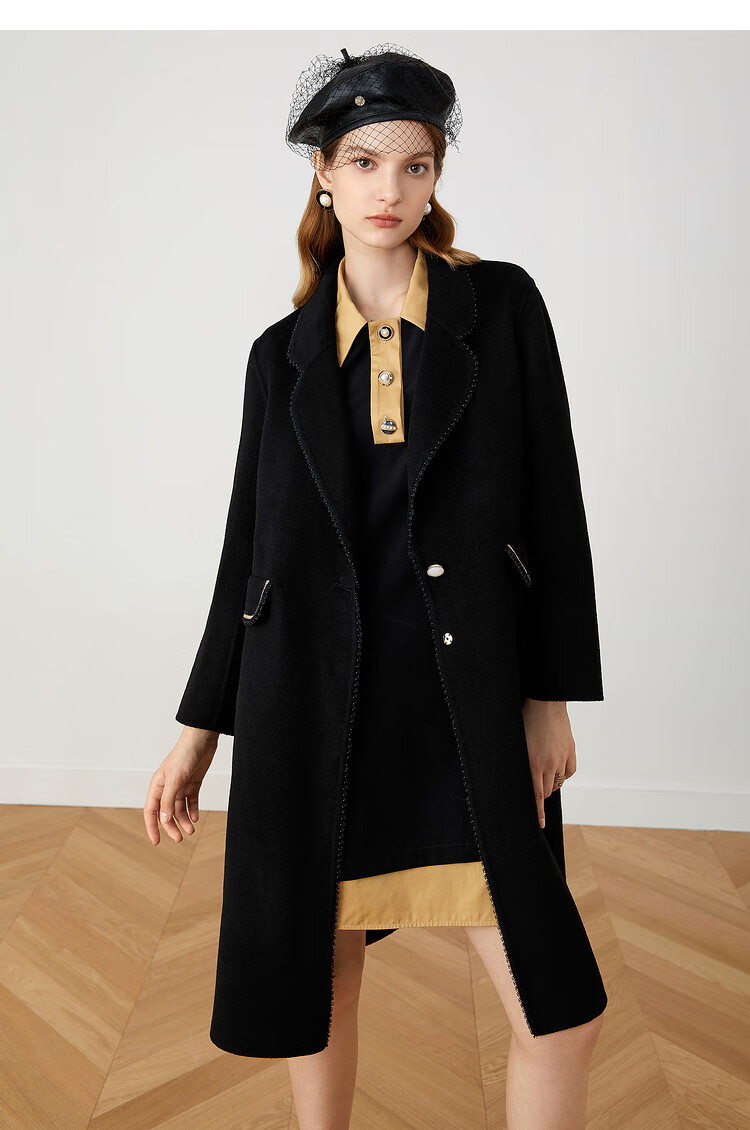 影儿yiner音儿女装2021冬季新款长款纯羊毛双面呢大衣黑色46