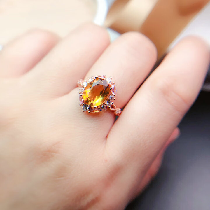 展缘925银镶天然黄水晶戒指女时尚个性ins潮高感黄宝石指环带证书金色