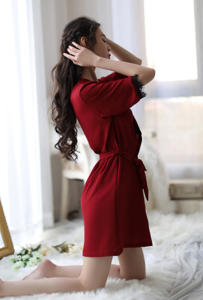 大码情趣睡衣女夏季中袖晨袍大码睡袍浴袍情趣内衣制服诱惑红色均码