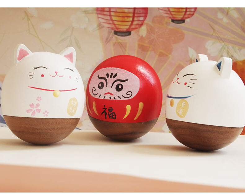 不倒翁摆件木质日式简约猫达摩桌面摆件礼品装饰生日礼物可爱创意木质