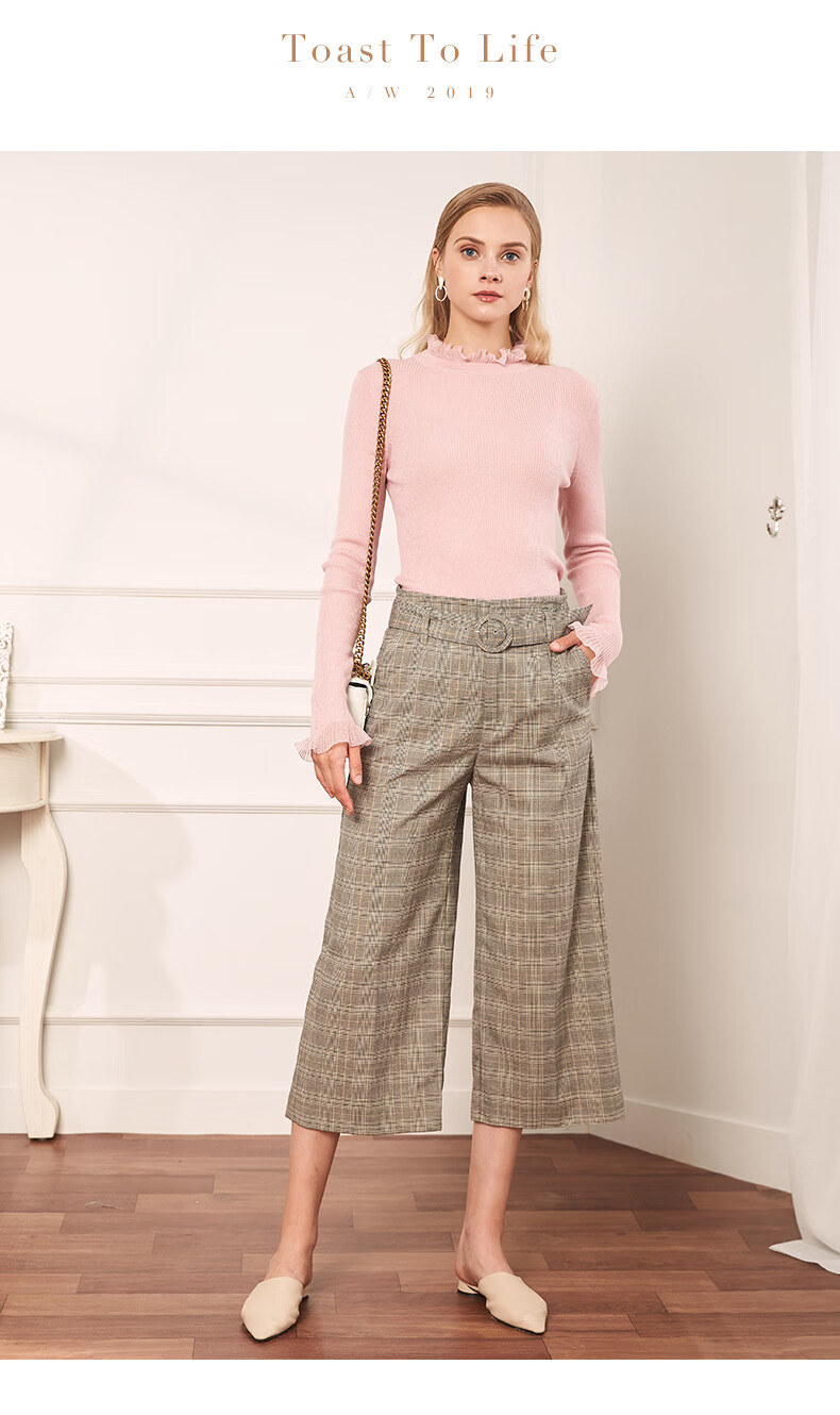 敦奴dunnu毛衣女春新款百搭木耳领修身打底针织衫粉红m