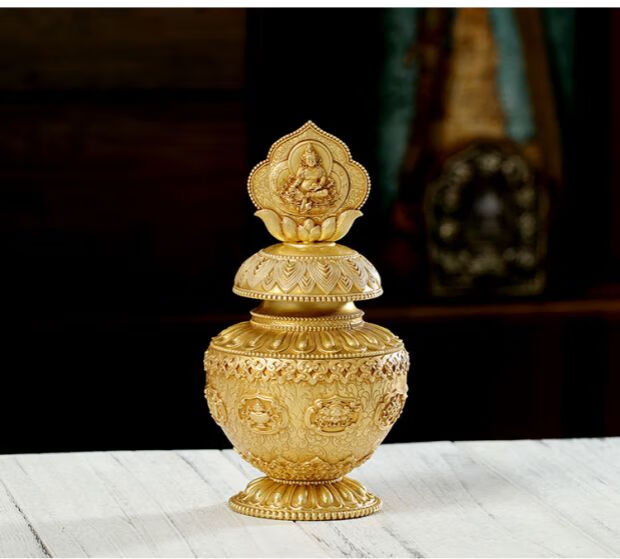 鼎盛福纯铜黄财神八吉祥莲花宝瓶佛教品龙王摩尼宝瓶藏式居家供佛摆件