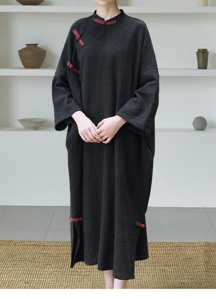 知笔墨秋款新品改良旗袍撞色盘扣苎麻宽松连衣裙复古文艺禅意袍子黑色