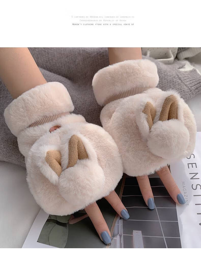 网红抖音浪莎女式半指手套毛茸茸兔子加绒加厚韩版百搭少女翻盖冬天露