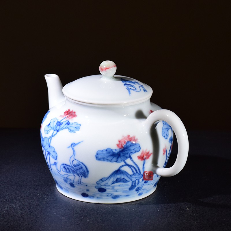 丽芳阁知竹山房李小山手绘青花釉里红仙鹤莲花一路连科全手工水平壶