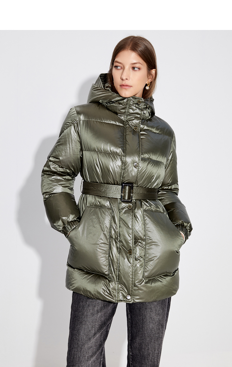 朗姿白鸭绒羽绒服女2021年冬季商场专柜同步亮面大牌中长款外套深草