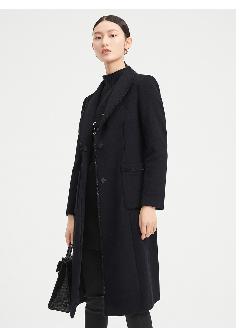 玖姿羊毛黑色小香风复古青果领女毛呢大衣juzui玖姿2021冬季新款素黑l