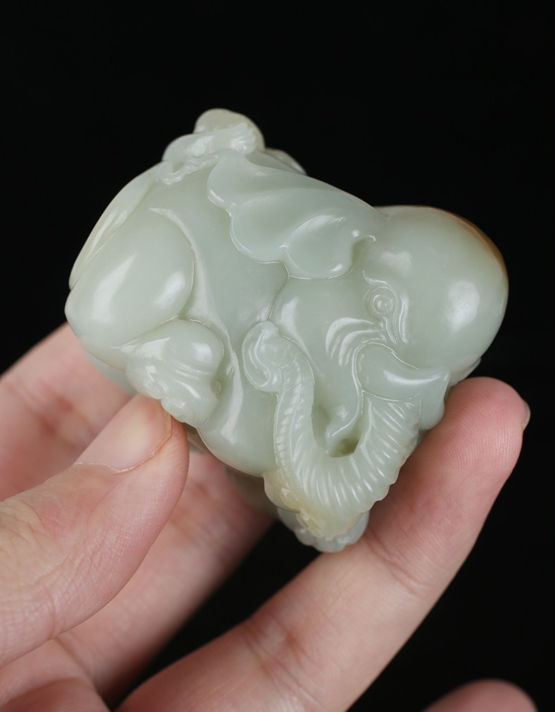 大福报新疆和田玉籽料大象手把件苏工天然青白玉手玩件玉石文玩z