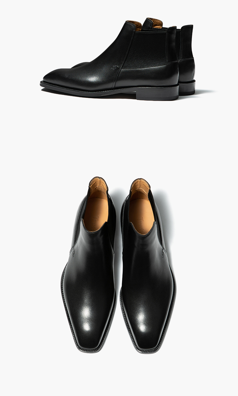 男切尔西绅士意大利时装短靴方头英伦松紧带一脚蹬黑色纯皮靴秋冬季