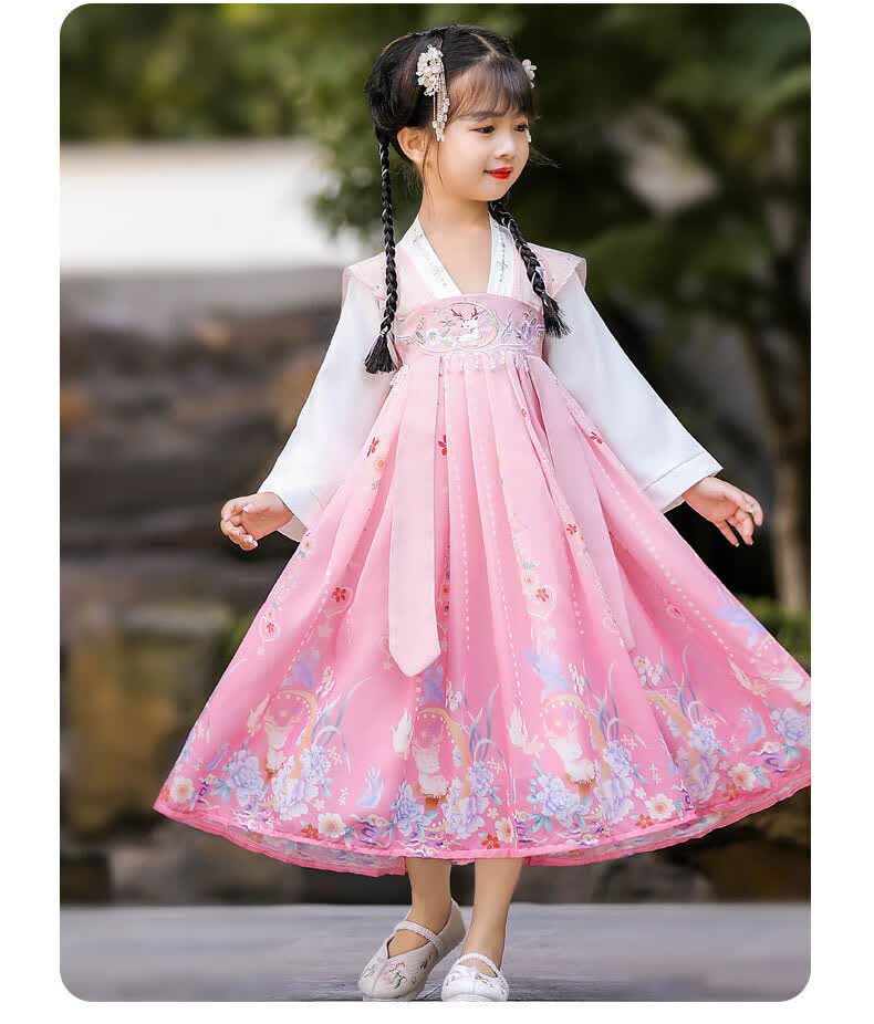 小皮丘春季新品小女孩仙气甜美公主连衣裙中国风古装表演演出服粉色