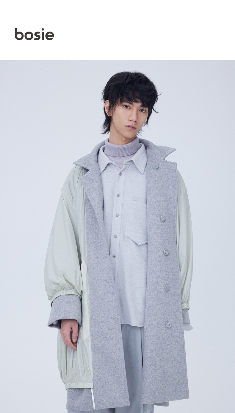 bosie石津川2021冬季新款双面穿呢大衣外套潮浅豆绿色xs
