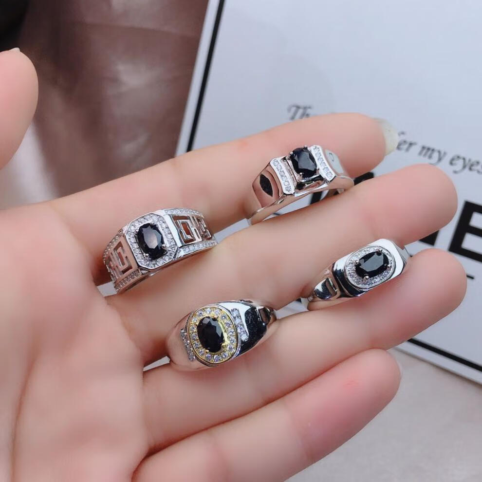 男士蓝宝石戒指 4*6毫米 豪华款蓝宝石男戒 活口电镀五层 4号定制