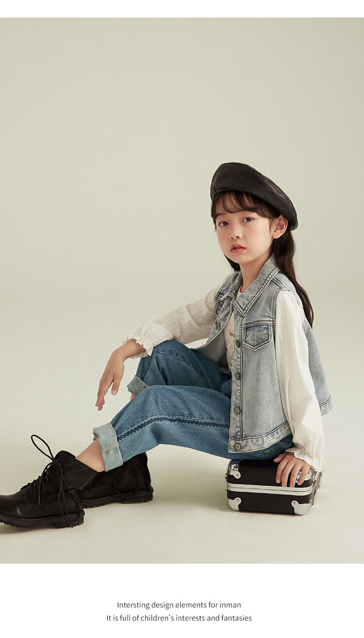 茵曼童装马甲牛仔外套秋季新款棉质短款单排扣帅气外搭衣女童叠搭马甲
