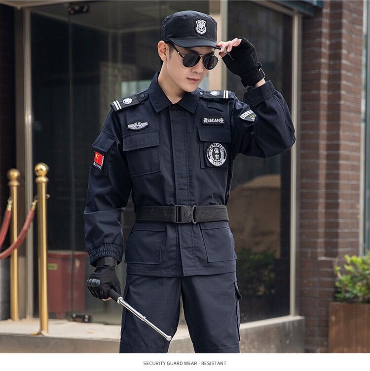 峰中雪春秋网格作训服套装男保安制服安保物业长袖保安服工作服藏青色