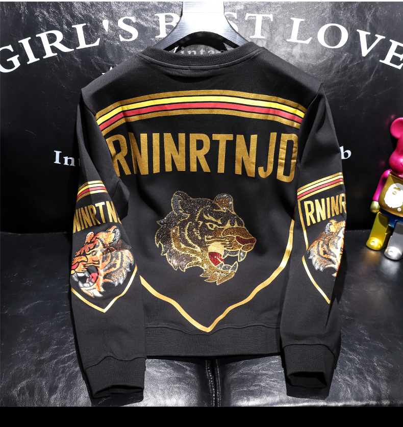 npz港风潮牌烫钻虎头卫衣男修身时尚潮流2022秋季男士老虎图案打底衫