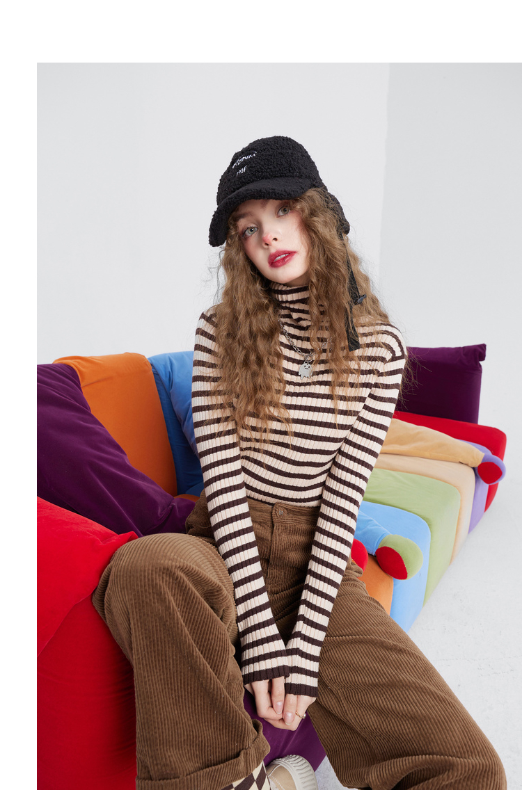 新款妖精的口袋莫代尔条纹高领打底衫针织衫女2021秋冬内搭潮红色条纹