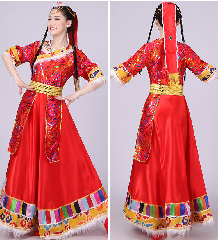 藏族舞蹈演出服装女少数民族服装成人西藏表演服水袖修身长裙红色短s