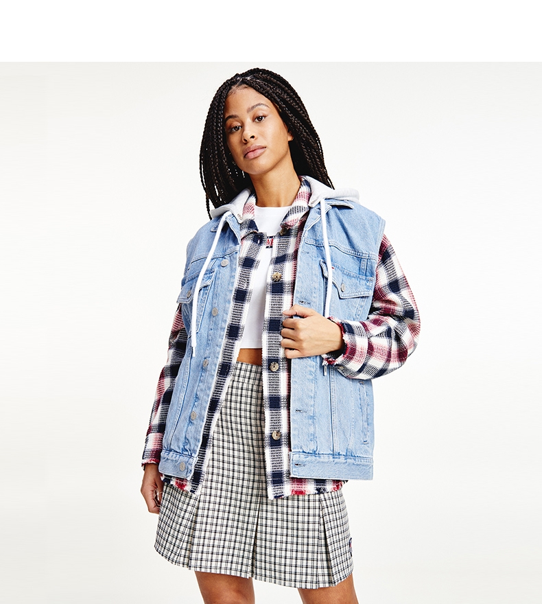 tommy22新款春季女装时尚印花logo可卸帽宽松牛仔马甲dw0dw11441牛仔