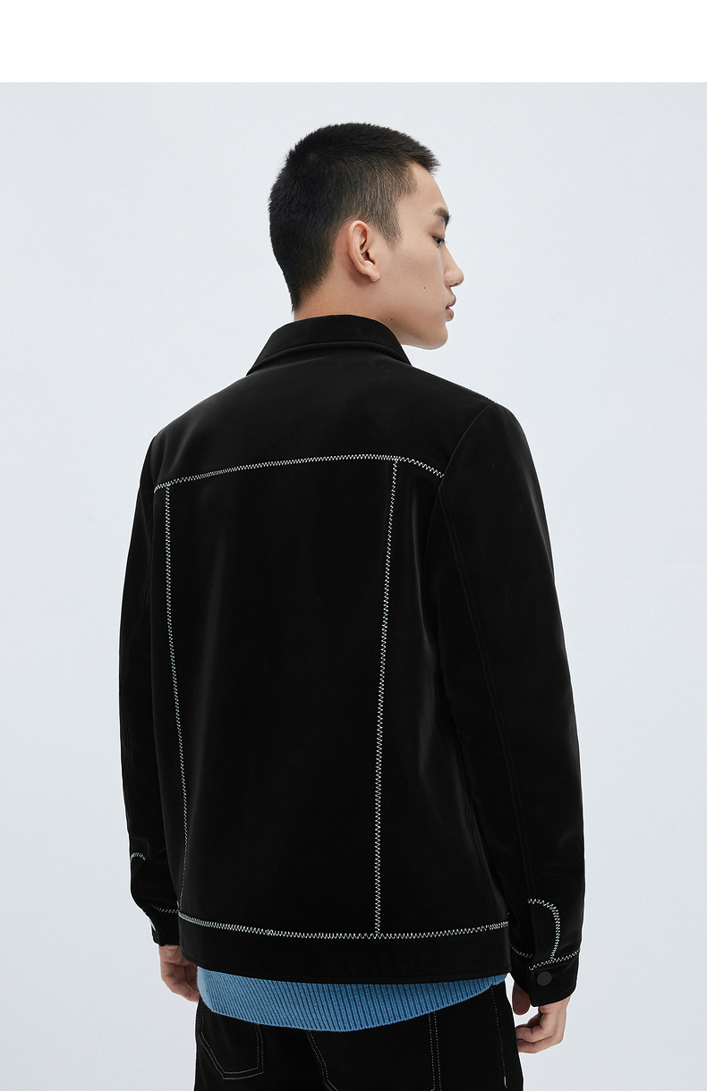 gxg男装【斯文系列】21年秋季新款黑色翻领皮衣外套 黑色 175/l