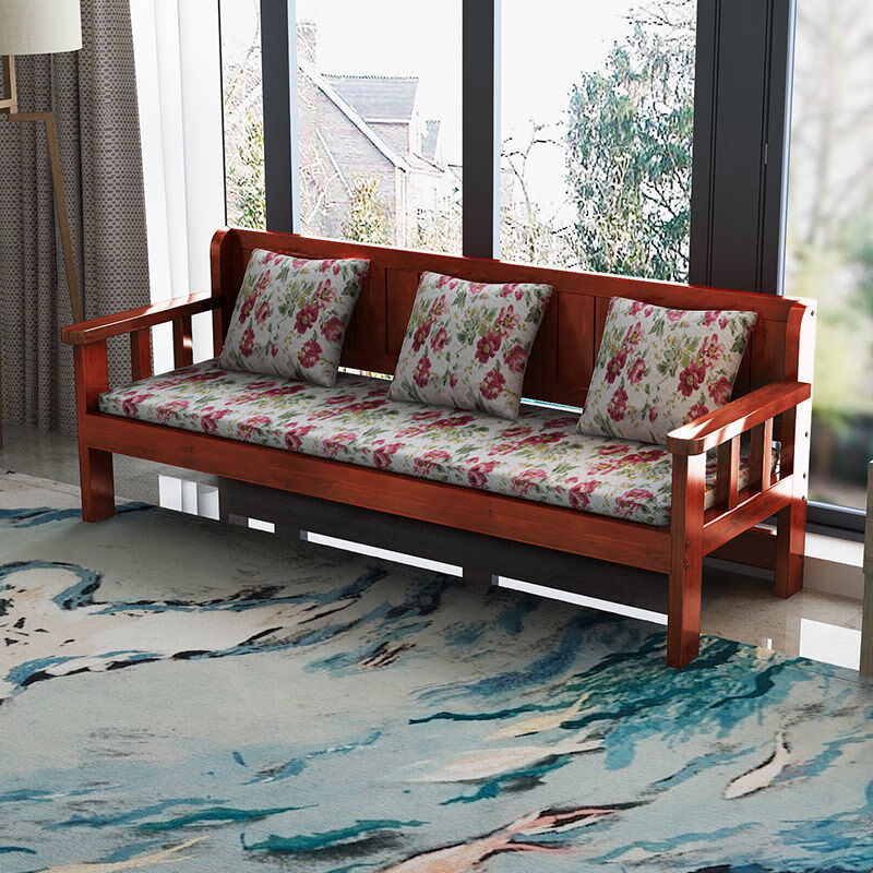 实木沙发小户型阳台客厅三人双人单人木头座椅简易休闲靠背椅 柚木色