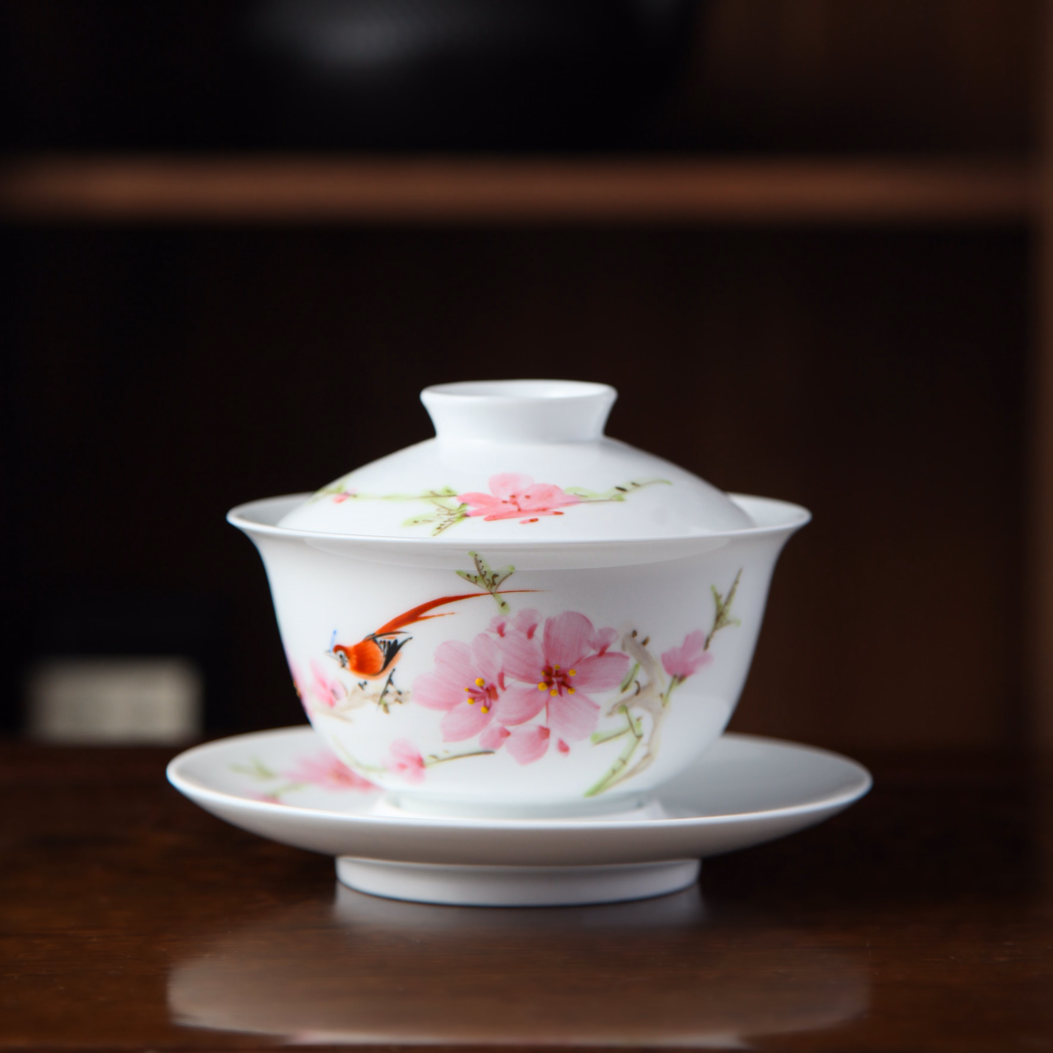 毛瓷茶杯 瓷器7501毛瓷系列手绘水点桃花办公茶杯茶壶 盖碗 红色收藏