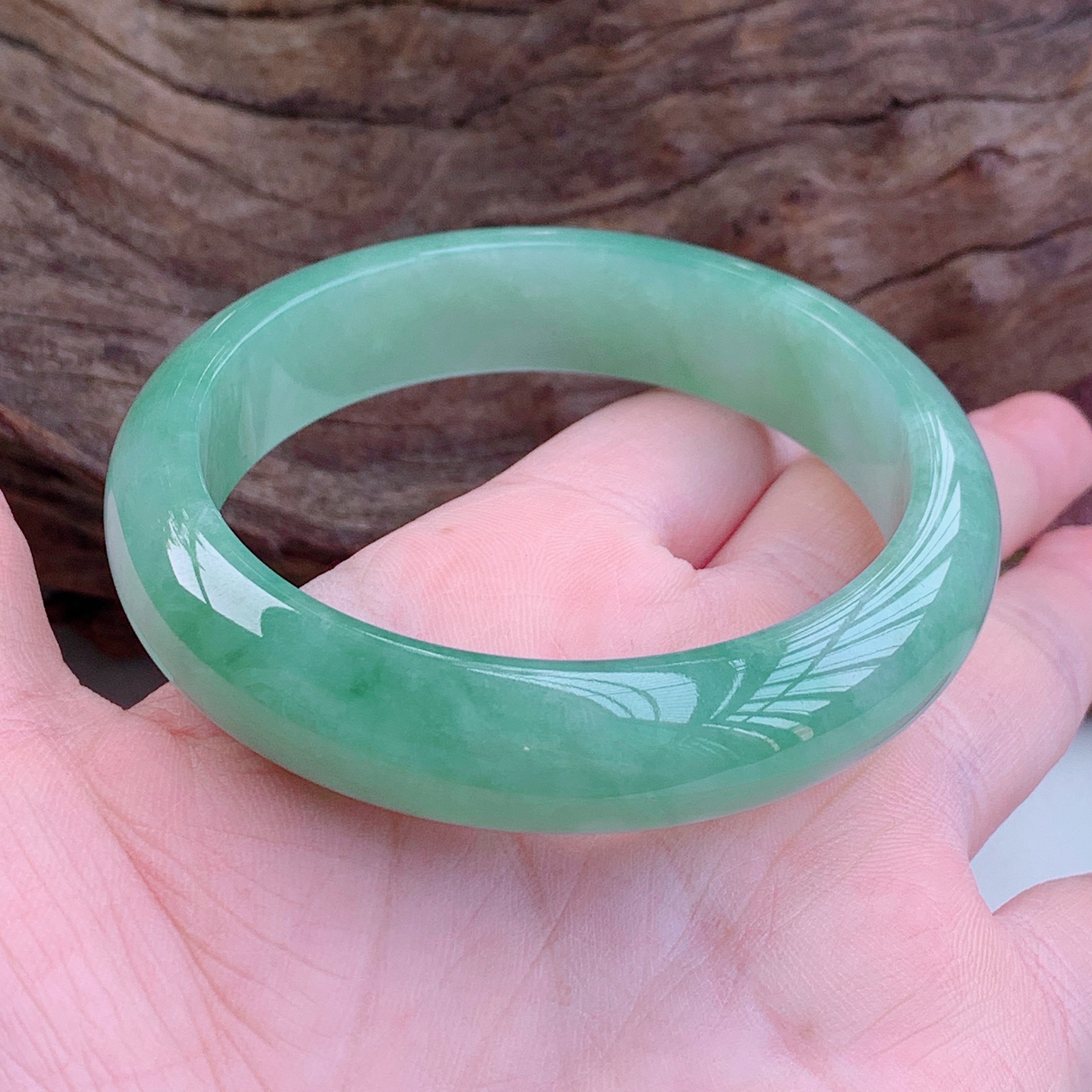 行婷冰糯种翡翠手镯女缅甸老坑飘绿阳绿玉镯子6263mm