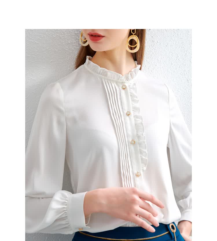 欧昵雪春秋款花边立领拼接上衣简约气质通勤长袖雪纺白衬衫女白色s