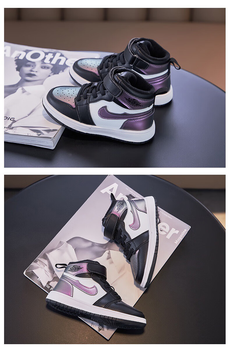 aj儿童鞋男童板鞋运动鞋秋冬季新款中大童女童加绒棉鞋 镭射紫棉  