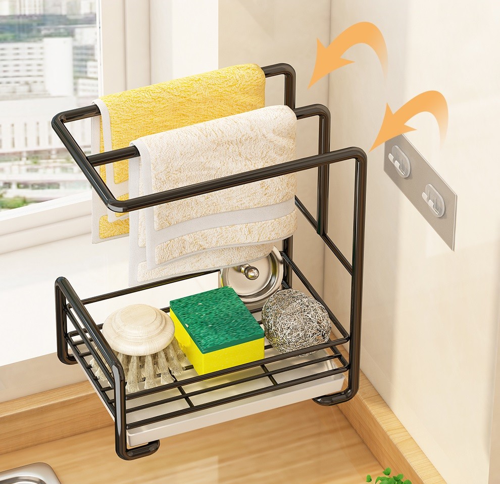 洗碗布海绵沥水置物架水池水槽收架钢盾带接水盘款抹布架台面壁挂通用