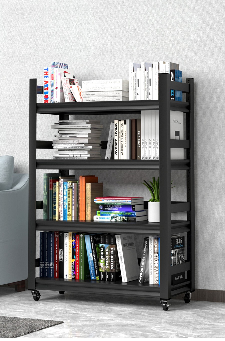 绘本架现代简约客厅图书收纳展示架子书房落地架黑色四层6030118cm