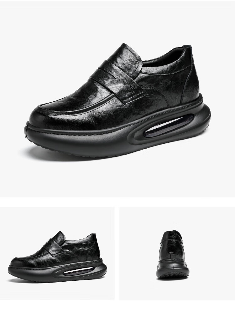 CARTELO Business Casual Leather Shoes with Height-Increasing Air Cushion, Thick-Soled Loafers, Slip-On Elevated Leather Shoes for Men, 9992 Black, Size 40 15