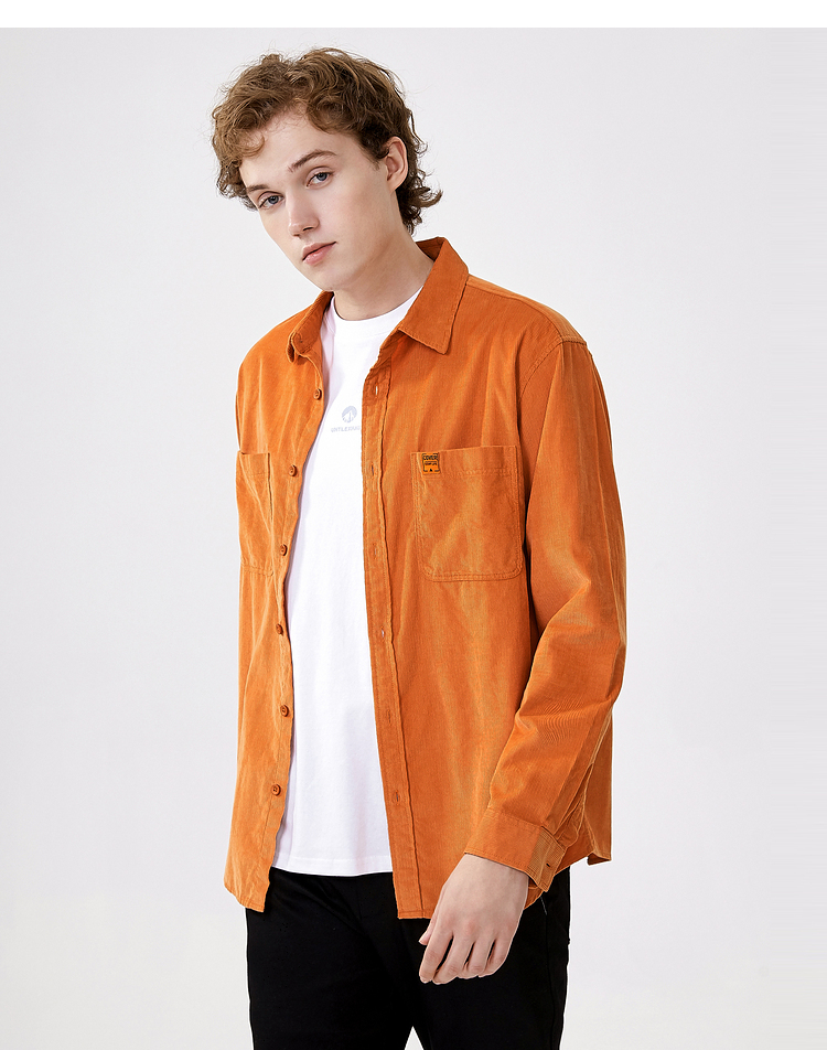三福2021秋季时尚双口袋贴标长衬衫 潮流宽松翻领上衣男445554 橙色